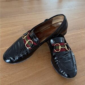 Black Patent Leather women’s Slip-On Loafers with Red Accent 8.5